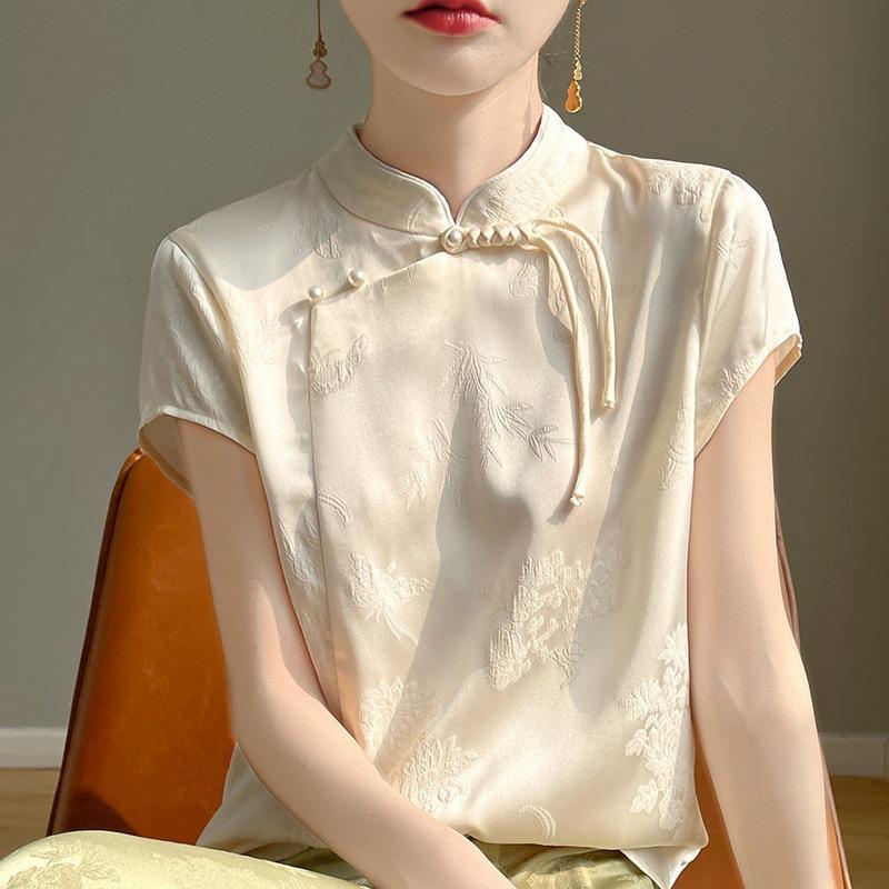 

Летняя женская футболка, шелковая футболка с воротником-стойкой и пуговицами, винтажные атласные топы с короткими рукавами и принтом M шампанского