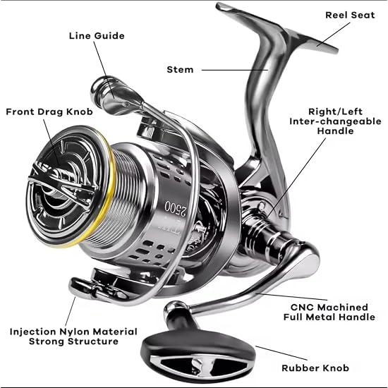 Fi’s+7 Spinning Reel 5000, Max Drag 15kg, Gear Ratio 5.5:1, Interchangeable Left/Right Handle, 12+1B