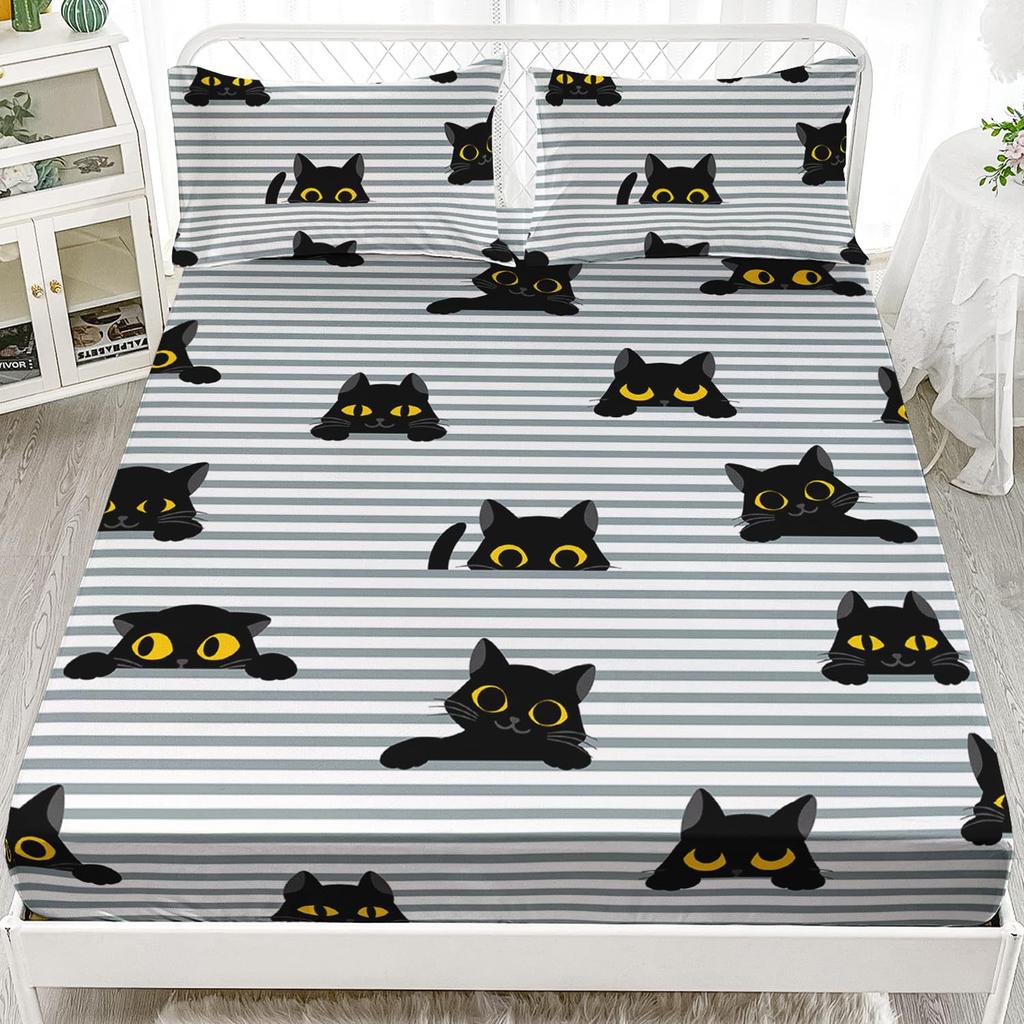 Cute Cat Pattern Mattress Three-Piece Digital Printing Mattress Bedding Set Adult Children