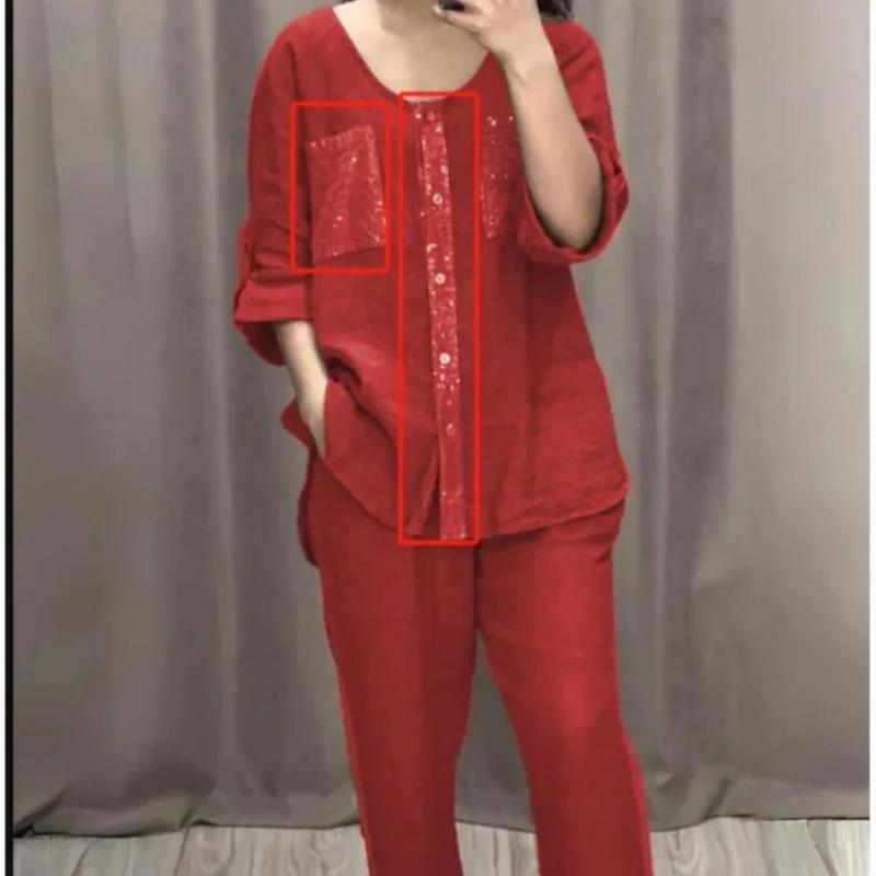 

Fashion Color Casual Pocket Shirt Women Suit Spring Autumn Seven Point Sleeve Slim Trousers Solid Color Female Office 2piece Set XS красный