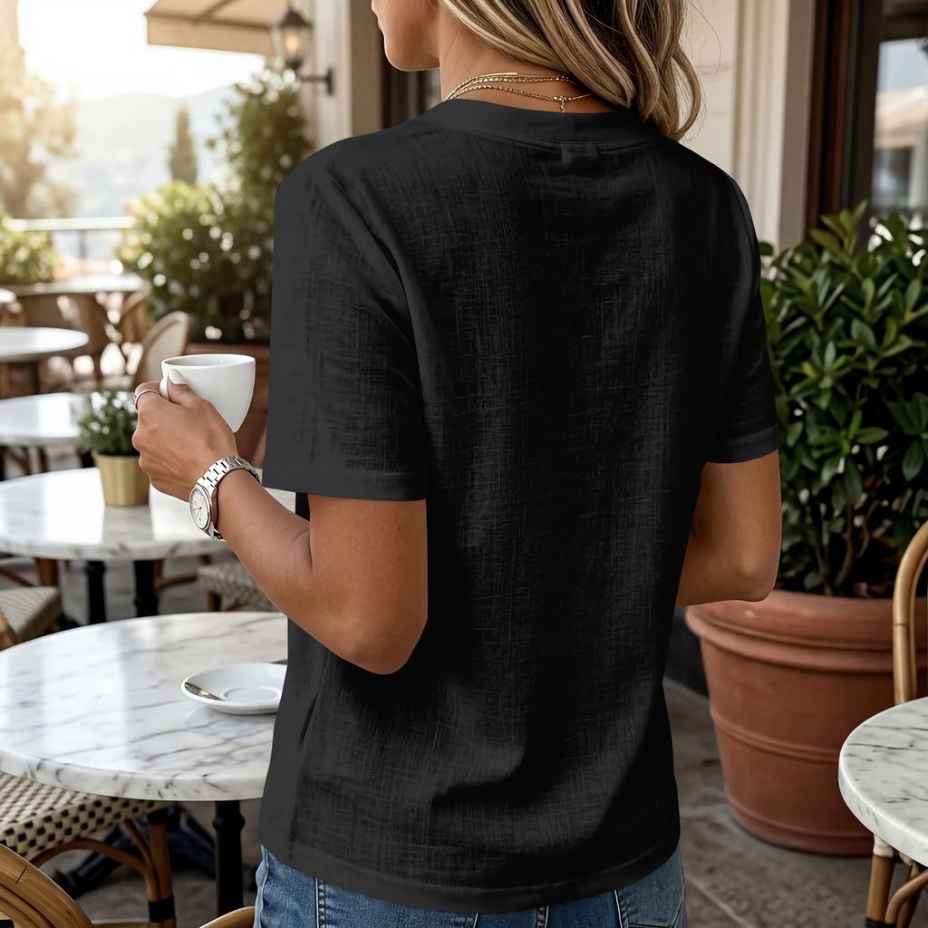 Women’s Cotton Linen Henley Neck Short Sleeve Shirt with Button Placket Solid Pattern Relaxed Fit Casual Blouse Top