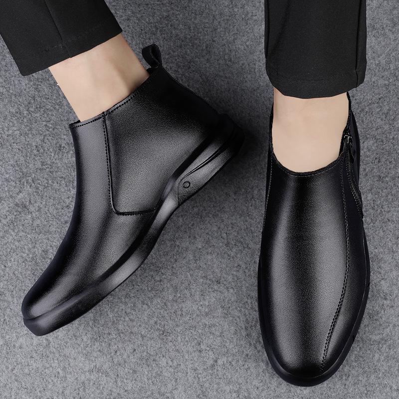 Men's Genuine Leather High-Top Zipper Ankle Boots with Velvet Lining – Warm, Casual, Cotton, Slip-On, Autumn/Winter.