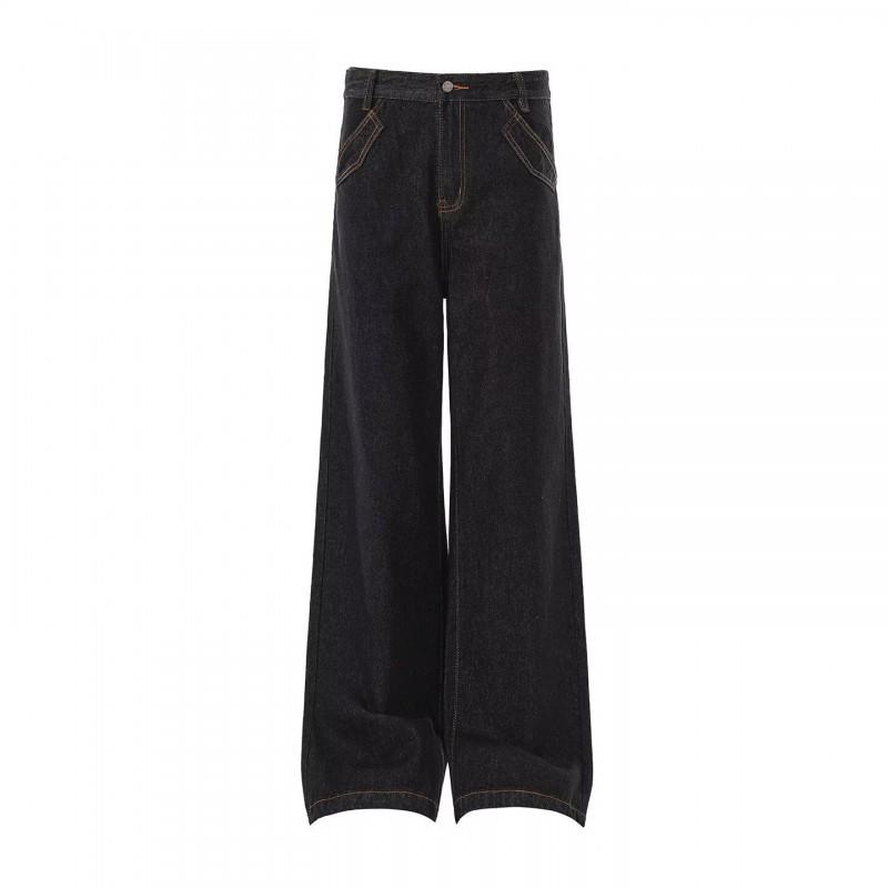 Retro Embroidered High-Waisted Wide-Leg Straight Jeans Women Loose Fit Slimming Denim Pants Fall