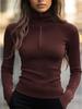 Ribbed Mock Neck Long Sleeve Top with Zipper Detail