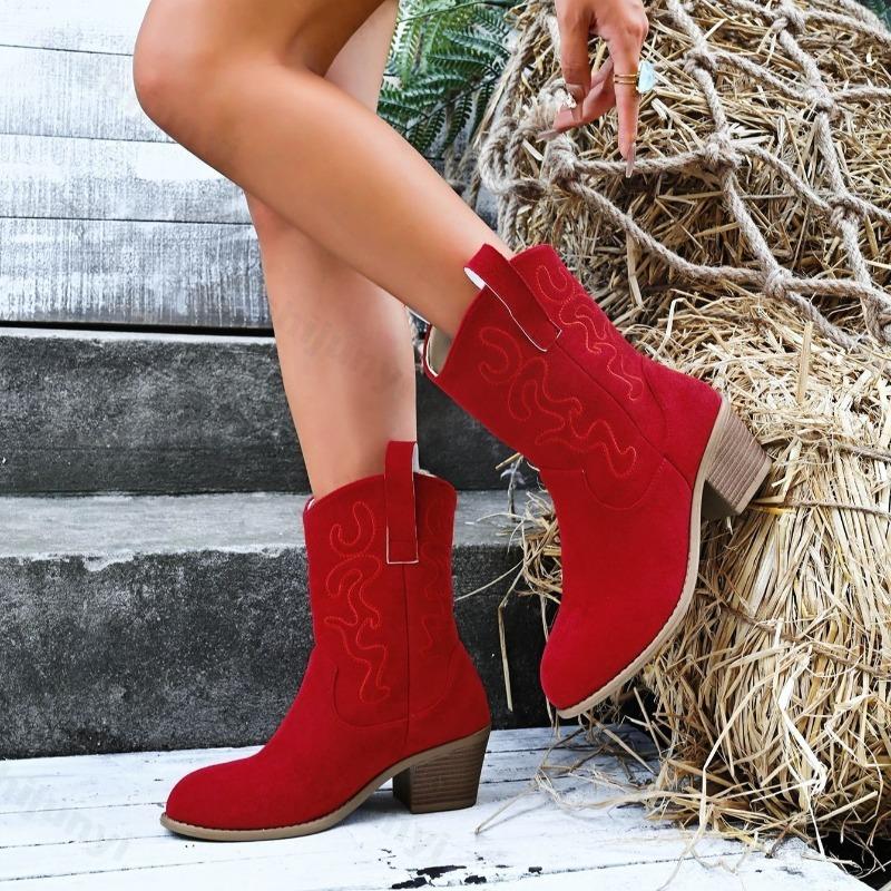 Large Size Women's Shoes Autumn New Vintage Comfort Pointed Toe Cowboy Boots Height Increase Non Slip Chunky Heel Mid-calf Boots