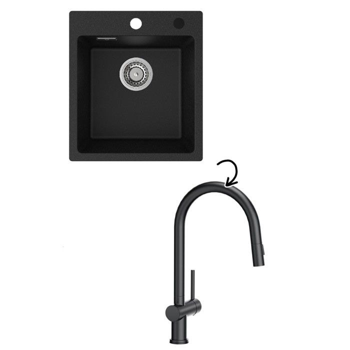 EVIER DE CUISINE 40x45cm evier en granit+mitigeur extractible Noir