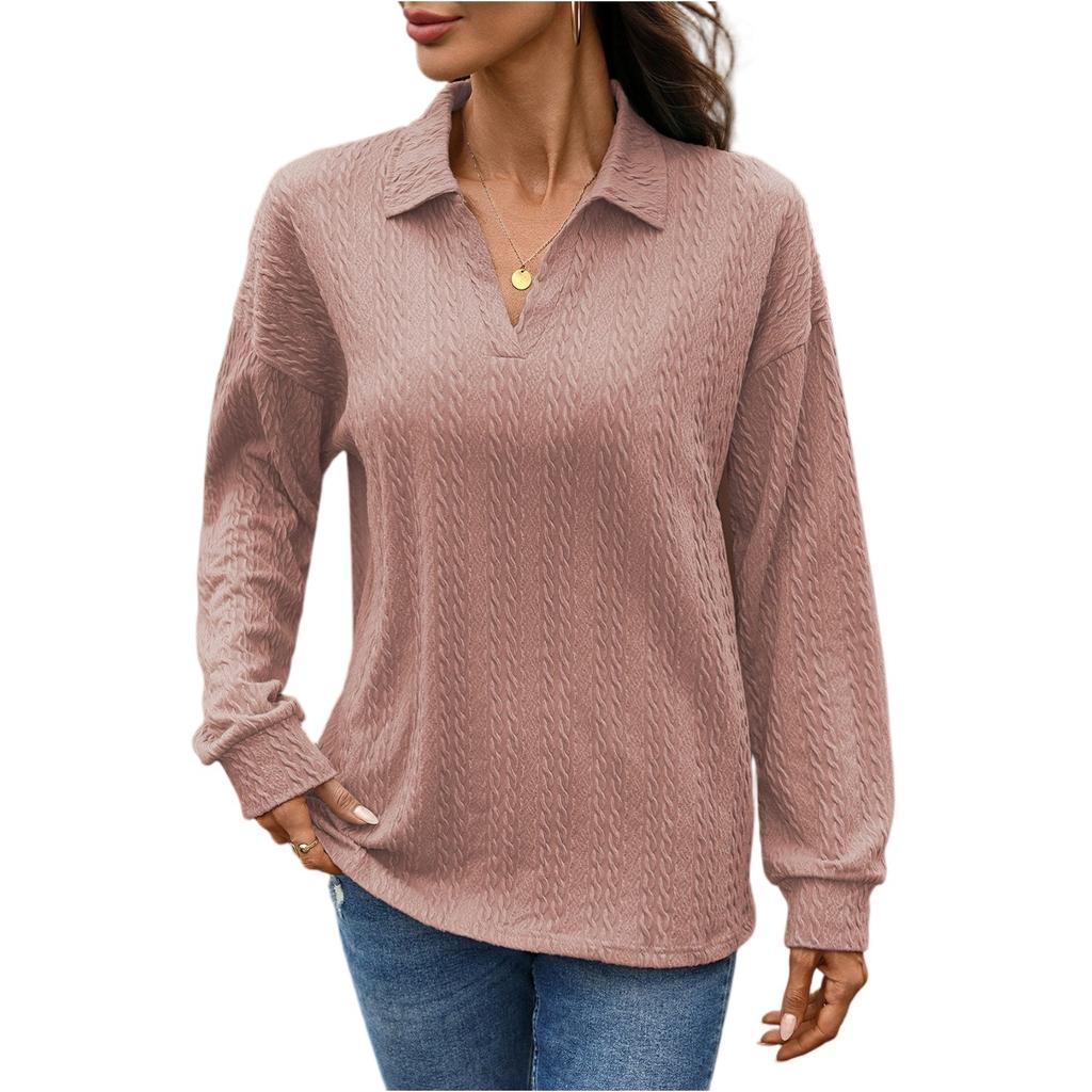 Damenmode Lässig Einfarbig Revers Locker Langarm T-Shirt Top