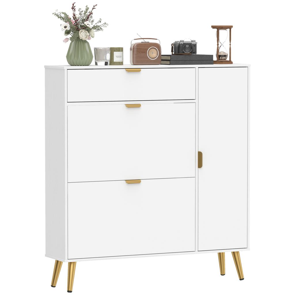 Shoe cabinet for 12 pairs, shoe wardrobe, 2 pull-down drawers, 4 compartments, 99.4x23.8x106.6cm, white