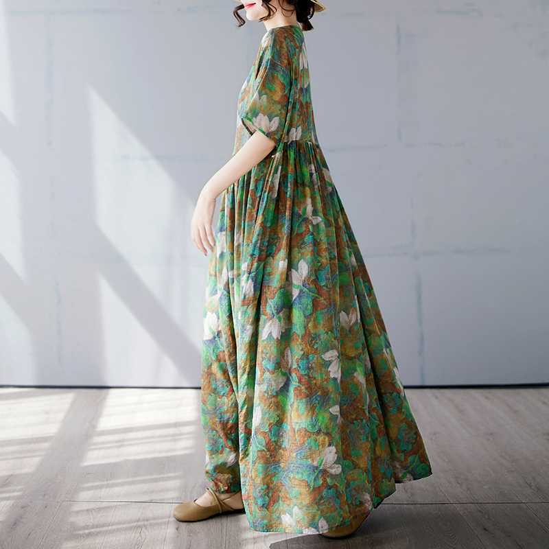 Fashionable Long Skirt Summer Short Sleeved Round Neck Printed Dress