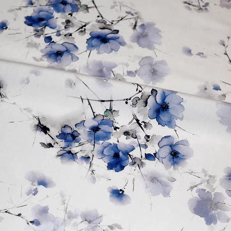 Flower Printed Rayon Viscose Fabric Soft By The Meter for Skirts Pajamas Clothes Cheongsam Diy Sewing Cloth Floral White Green