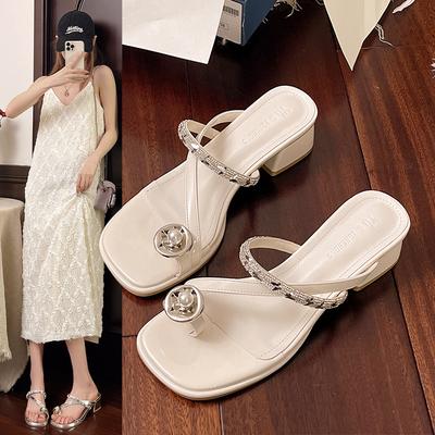 Ciabatte Sandalo Estive da Donna con Tacco Spesso e Punta Chiusa, Strass, Tacco Rotondo, Stile Temperamento, Traspiranti, Stile Fatina per Gonne