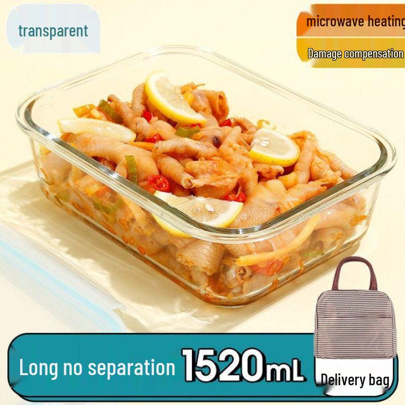 Microwaveable Transparent Glass Bento Lunch Box with Lid and Fresh-Keeping, Includes Damage Compensation.