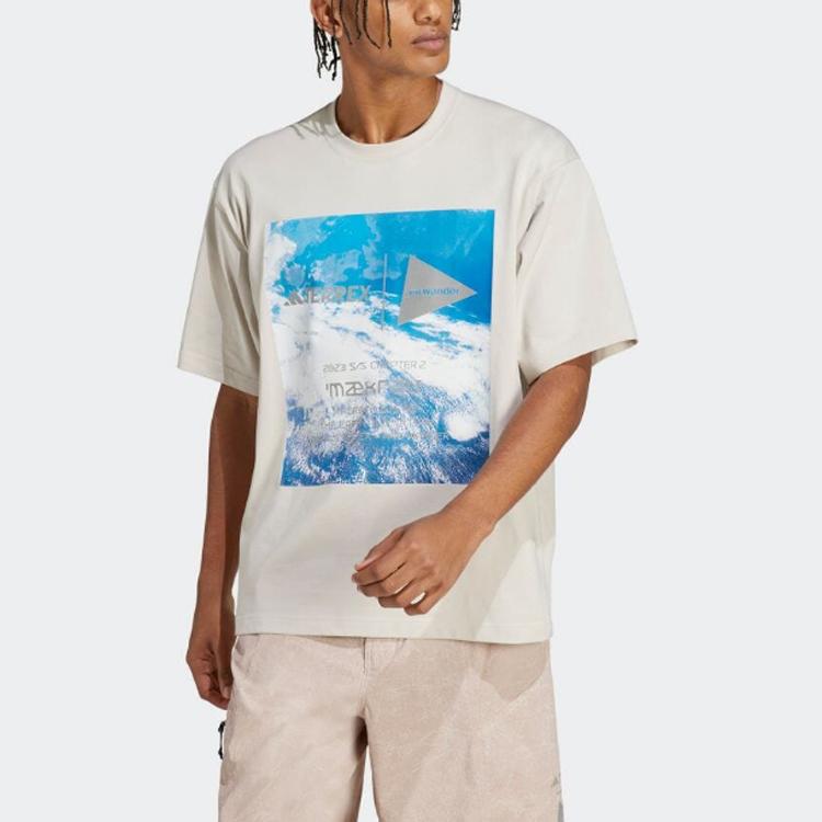 Adidas Landscape Print Casual Crew Neck T-shirt Unisex Tops Beige HR7141