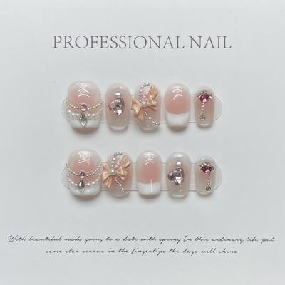 HANDMADE Artificial Nail Nude Blush Bow Flash Princess Sweetheart Phototherapy Nails Reusable and Removable Nails