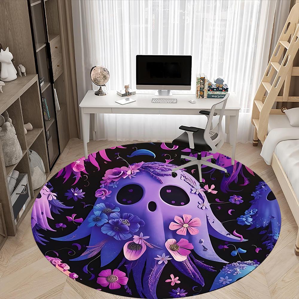 1pc Ghost Flowers Office Round Area Rug, Under Office Chairs Bedroom Living Room Home Decor, Room Deco