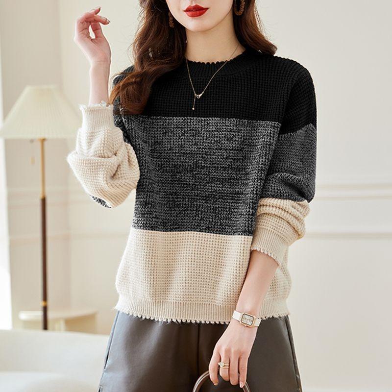 Casual versatile contrasting color knitted bottoming shirt women's autumn and winter new loose and lazy round neck inner pullover sweater