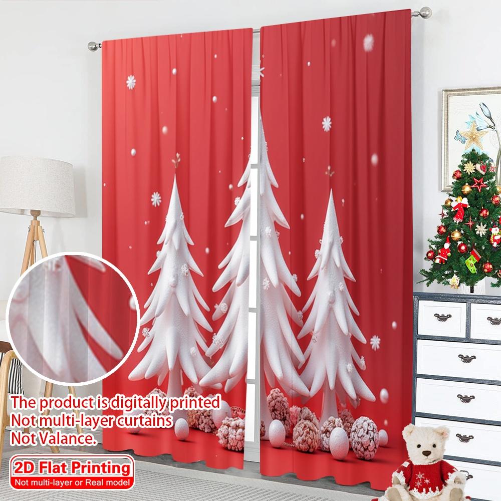 2pcs 2D Flat Printing Merry Christmas Window Drapes Winter Snowscape Trees Holiday Polyester Without Electricity Birthday Party