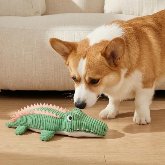 Puppy Teething Toys Corduroy Crocodile Dog Toy, Squeaky Plush Chew Soft Fabric Stuffed Animal for Small to Medium Dogs Biting, Interactive Play