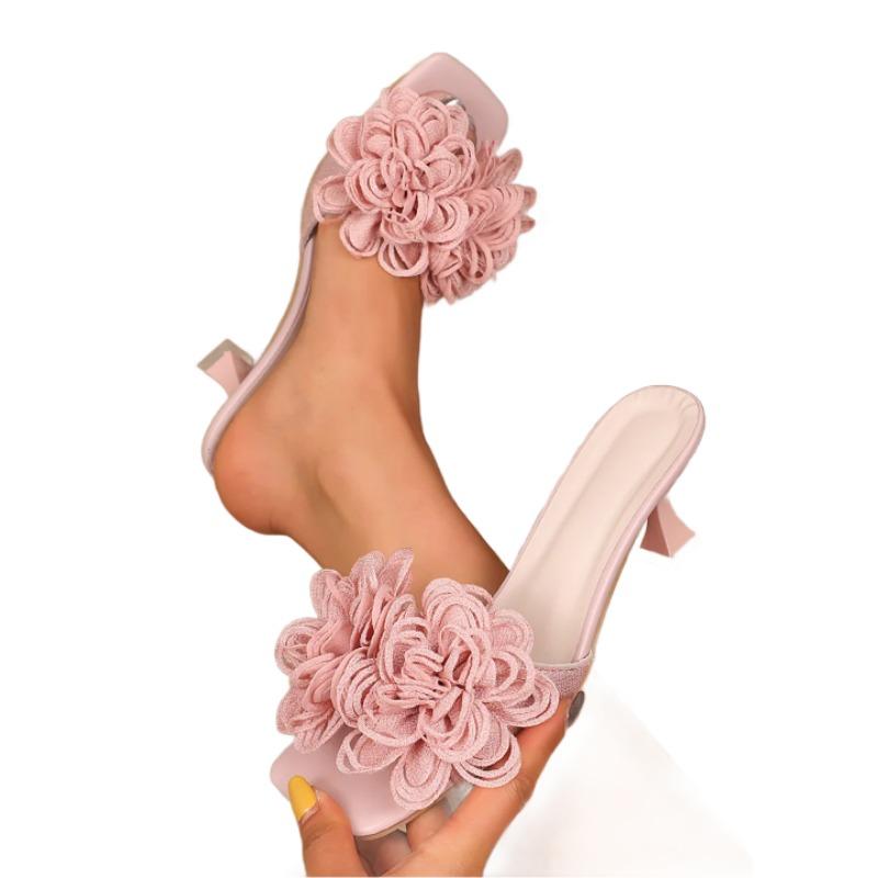 Flower Women Square Toe Slippers Designer Elegant Summer Shoes 2025 New Slingback Sandals Classical Dress Pumps Zapatos