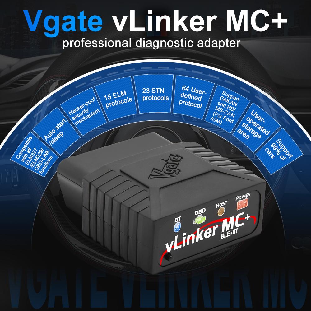 Vgate VLinker MC+ BLE Bluetooth 4.0 Pro IOS Android SW-CAN MS-CAN OBD Diagnostický nástroj