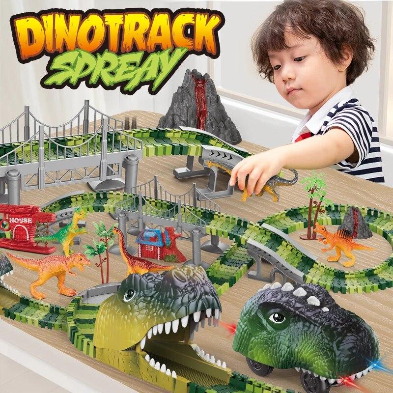 Non-Toxic Dinosaur Track Electric Dinosaur Car Mountain Road Rail Kids Puzzle Playful Toy Emit Light Children Christmas Birthday Gift