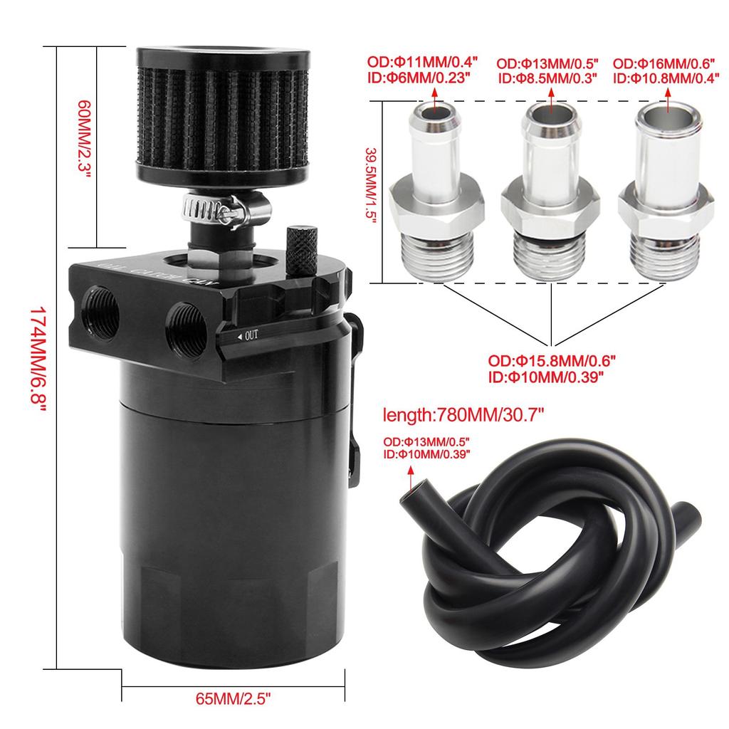 Car Baffled Oil Catch Can Reservoir Tank with Mini Filter Breather Baffled Aluminum Fittings Oil Dipstick Hole Breathable Kettle