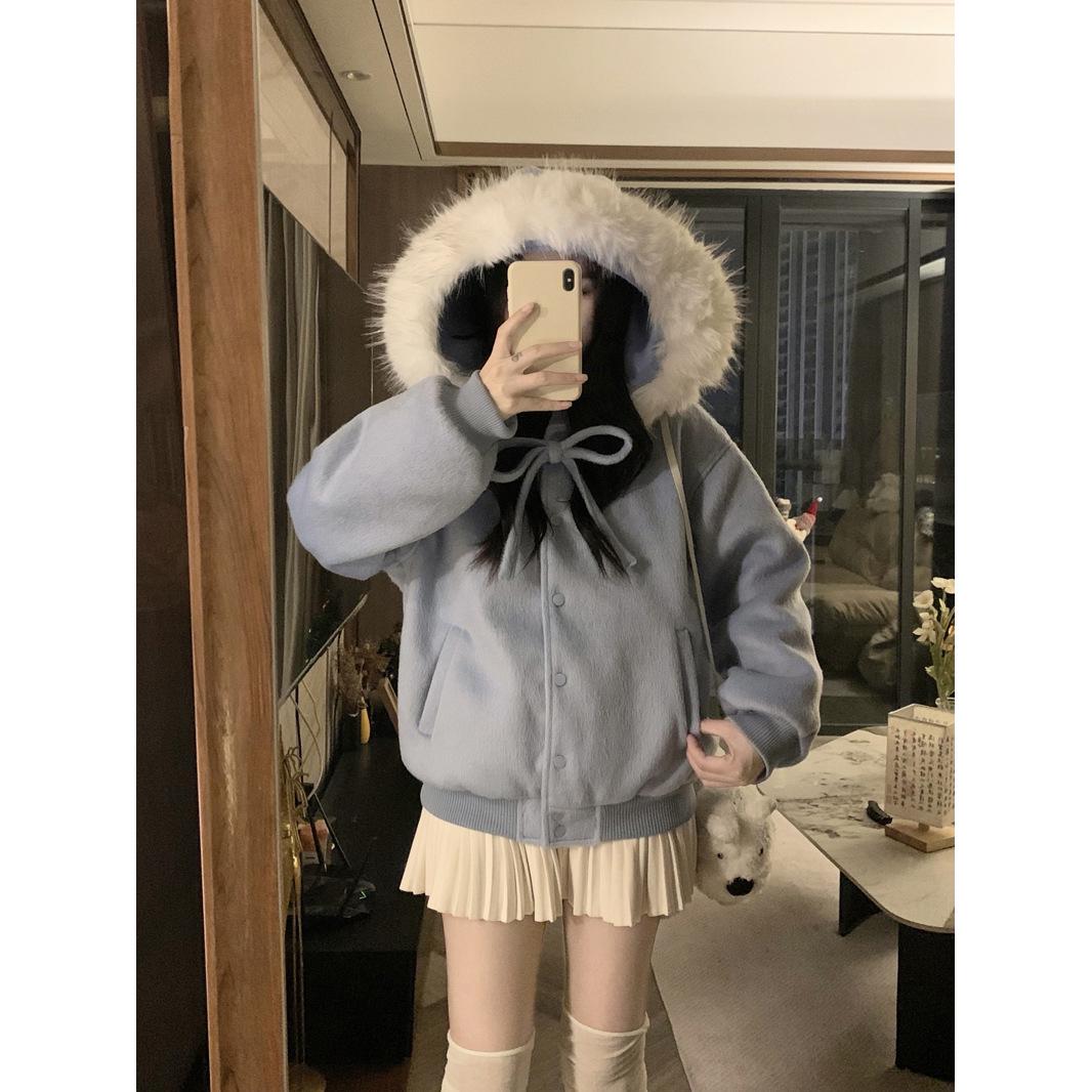 Women s Petite Long Wool Jacket with Detachable Faux Fur Collar and Bow, Large, Blue L