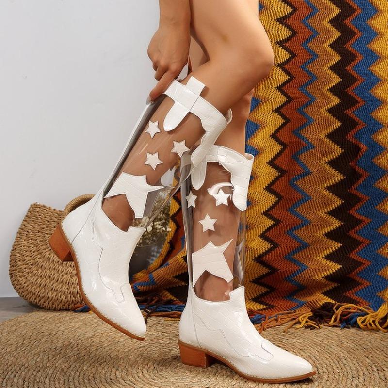 Autumn and Winter New High Boots Women's Large Size Transparent Pentagram Low Square Heel Fashion Women's Boots