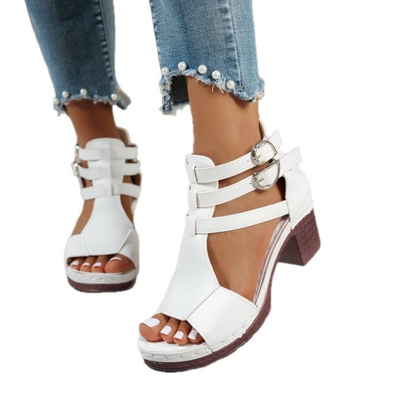 New Summer Mid-heel Sandals Large Size Thick Heel Rear Zipper Open-toed Sandals Women