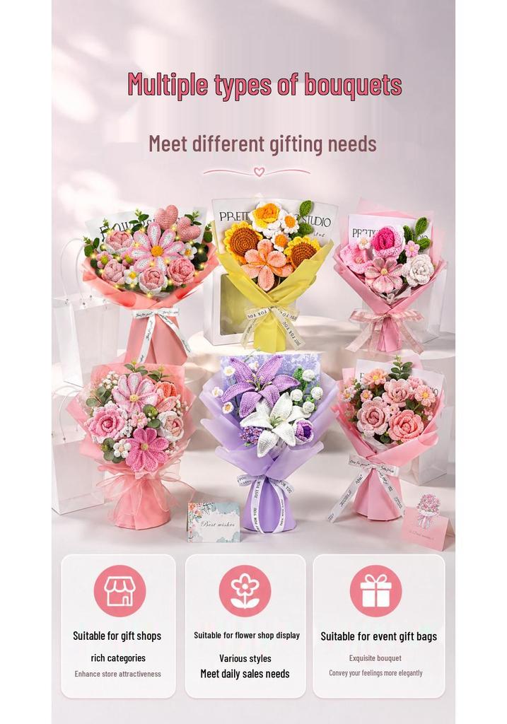 Handmade Knitted Yarn Bouquet: Crocheted Roses, Lilies, Tulips, and Gesang Flowers for Valentine's Day