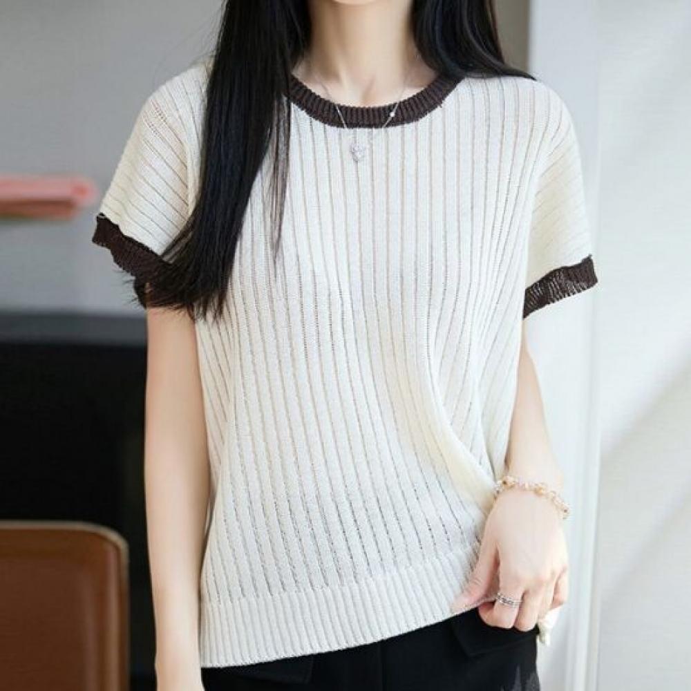 Navava Women S Cool baSic Ribbed Color Block Round Neck Short Sleeve Knit Tee Nk