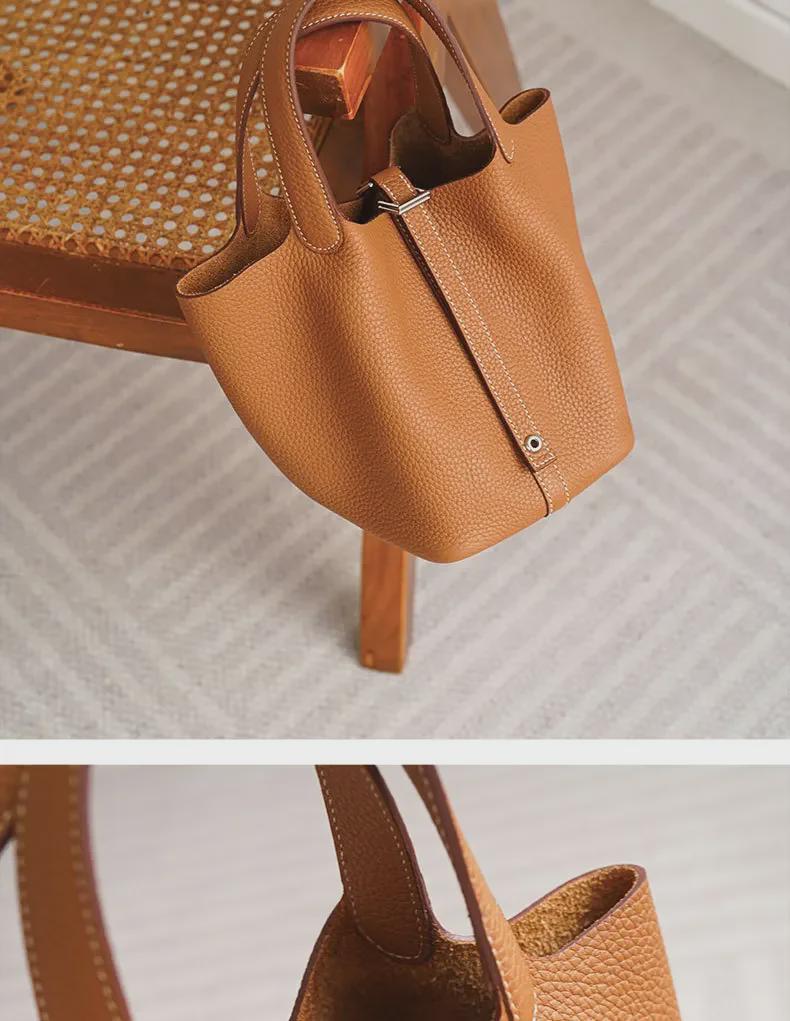 Black Genuine Leather Lychee Pattern Bucket Tote Bag for Women