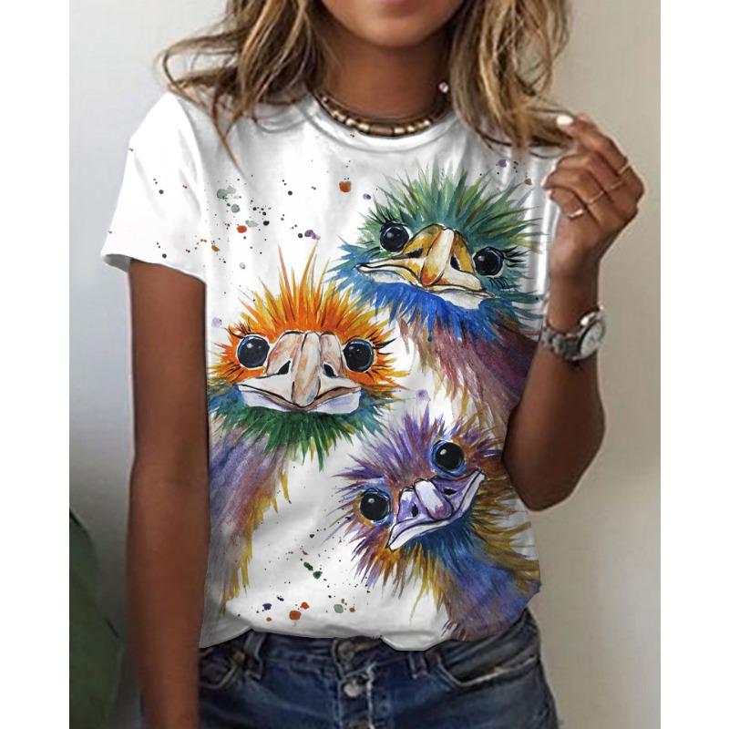 Women's Summer Loose 3D Printed Floral Round Neck Pullover Short Sleeved Top T-shirt