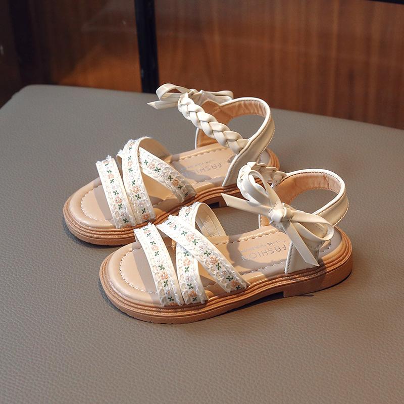Girls Floral Embroidery Bow Decor Braided Strap Sandals 22 бежевый