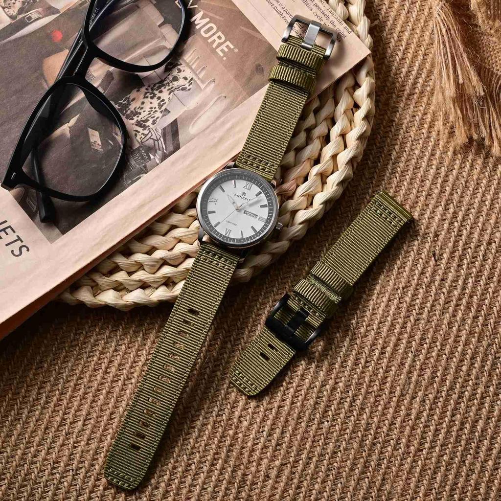 Nylon Watch Military Watch Replacement Fabric Double Strap Nylon Quick Buckle [ANNEFIT] Band, Band, 18mm, Belt, Release, Olive/Silver