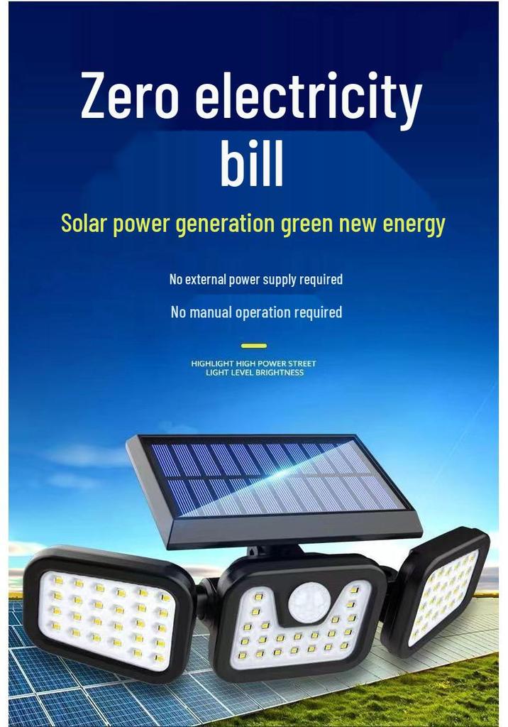 New Rotatable LED Solar Wall Lamp - Three-Head, Waterproof, Motion Sensor, Outdoor Courtyard and Street Light