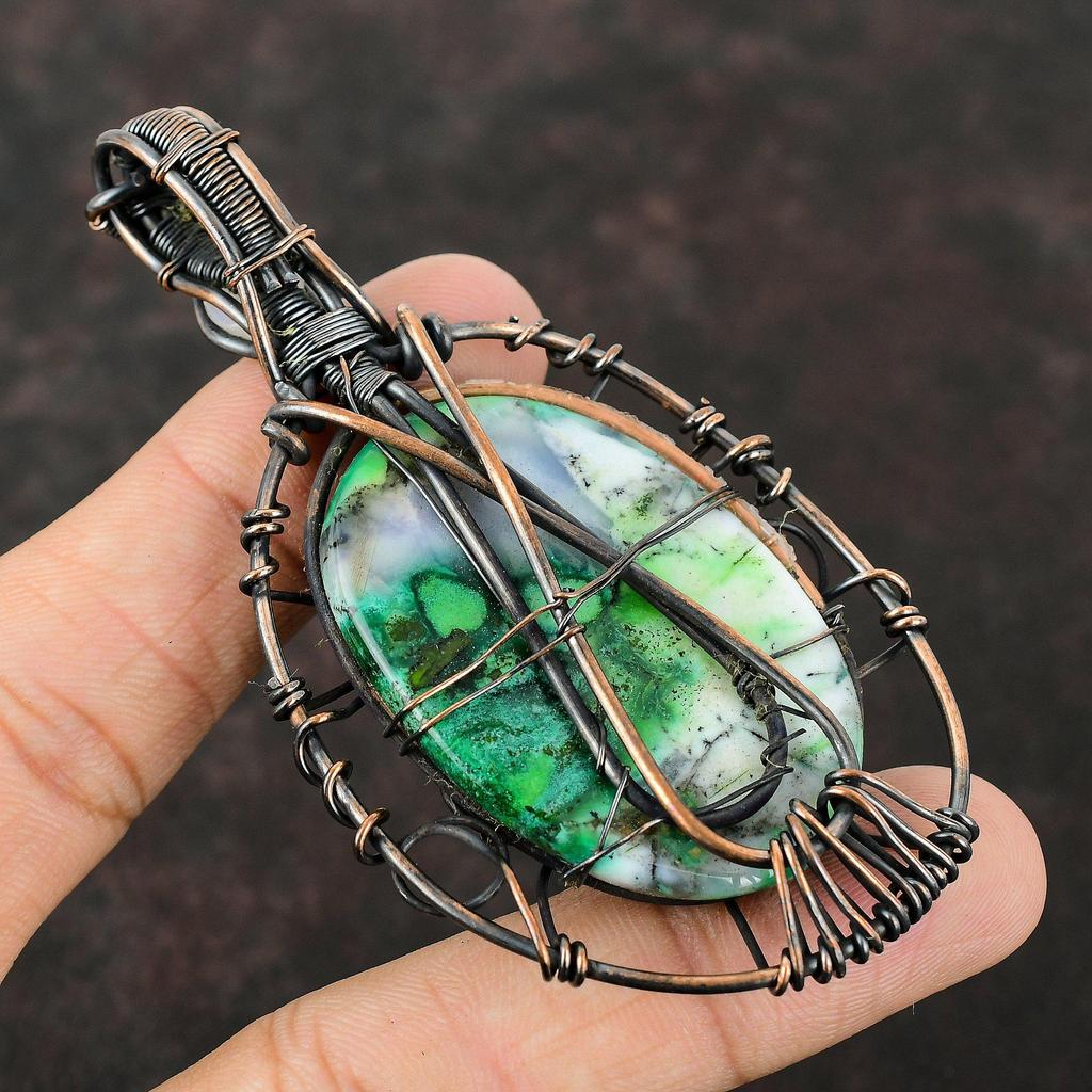Evil Eye Green Dendrite Opal Pendant Copper Wire Wrapped Pendant Handmade Pendant Gemstone Jewelry Moonstone Pendant Evil Eye Wire Jewelry