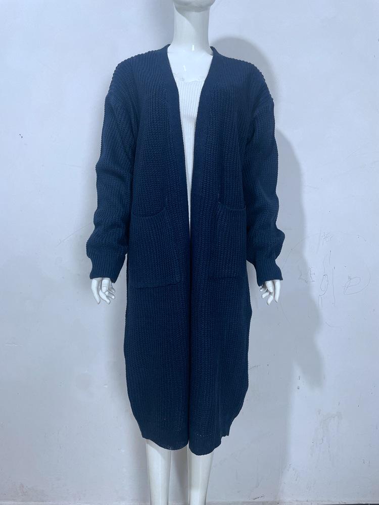 Solid Color Women's Knitted Mid-length Cardigan with Pockets