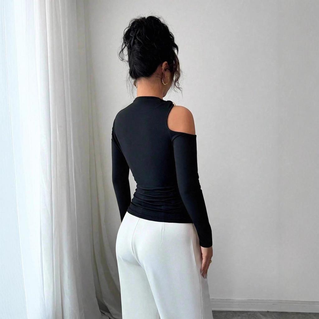 Ladies Spring Autumn Long Sleeve Skew Collar Hollow Bodycon Pullover Casual T Shirt Top