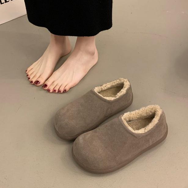Retro outer cotton shoes women's small potatoes autumn and winter round head flat bottom bag head half slippers fluffy shoes warm and comfortable