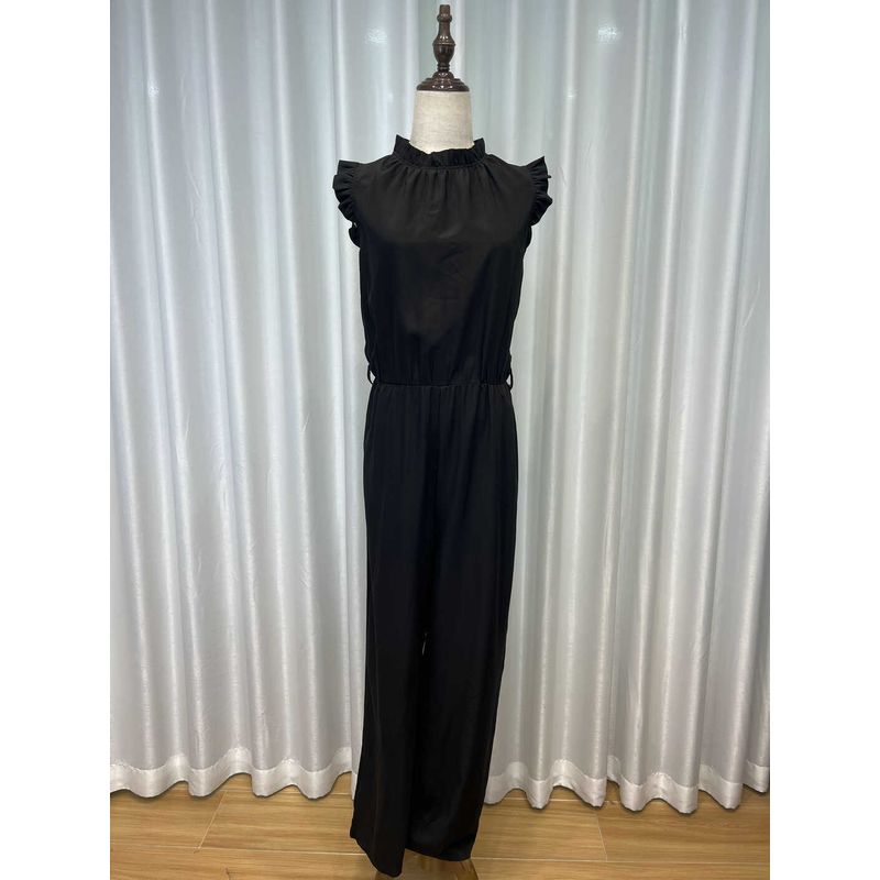 

Niche Design Sweet Age-Reducing Wooden Ear Half-high Collar Jumpsuit Women Drape Waist Hugging Slimming Wide-Leg Pants Black L