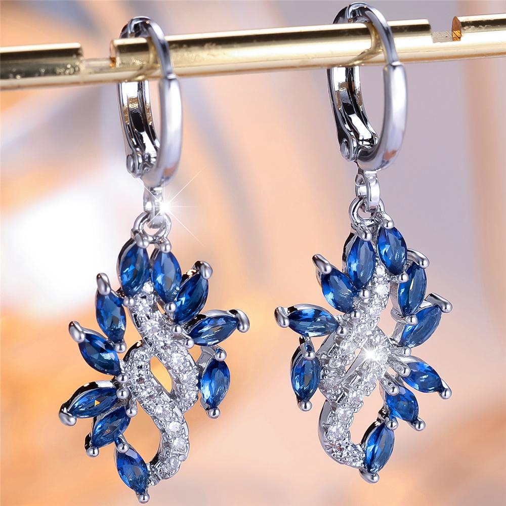 Charm Female White Blue Zircon Leaf Hoop Earrings Vintage Silver Color Simple Wedding  For Women