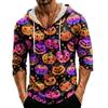 Men's Loose Fit Casual Hoodie Three Quarter Sleeve Pullover Halloween Pumpkin Pattern Lightweight Breathable Top for Everyday Wear
