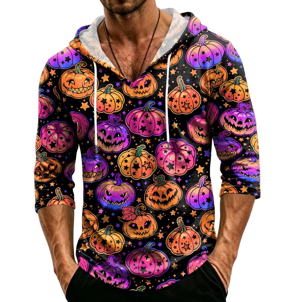 Men's Loose Fit Casual Hoodie Three Quarter Sleeve Pullover Halloween Pumpkin Pattern Lightweight Breathable Top for Everyday Wear