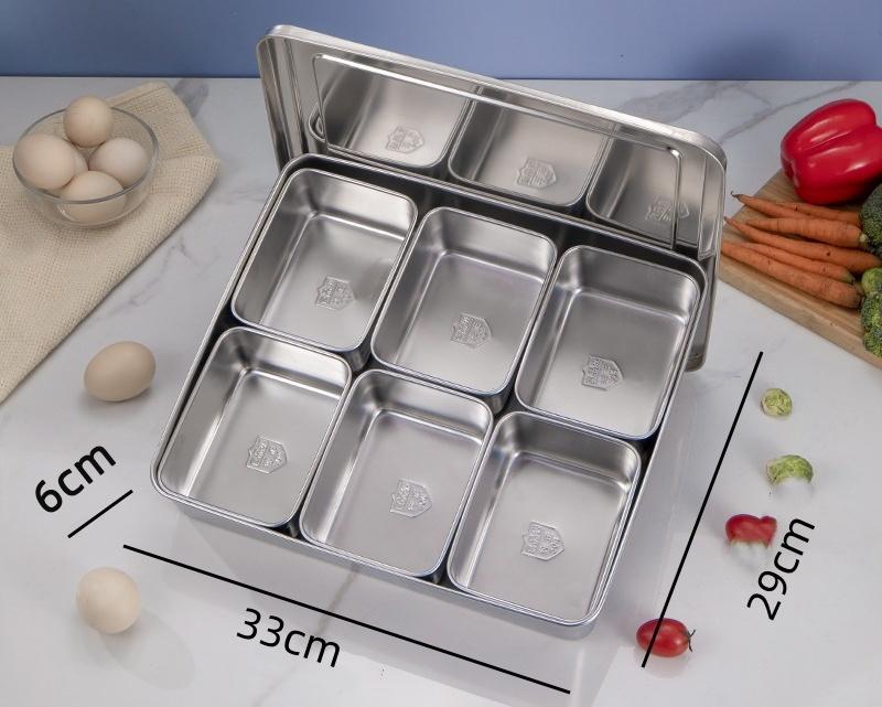 Stainless Steel Seasoning Box with Lid and Holder Tray 6/8 Compartments Rectangle Spice Container Kitchen Utensils