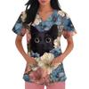 Women's V-neck Printed Short-sleeved Work Clothes With Side-slit Pockets And Uniforms