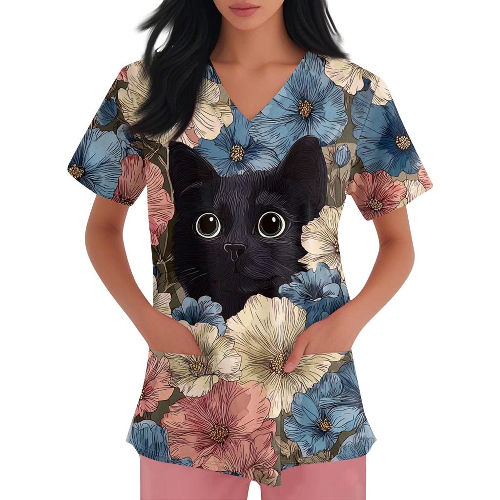 Women's V-neck Printed Short-sleeved Work Clothes With Side-slit Pockets And Uniforms