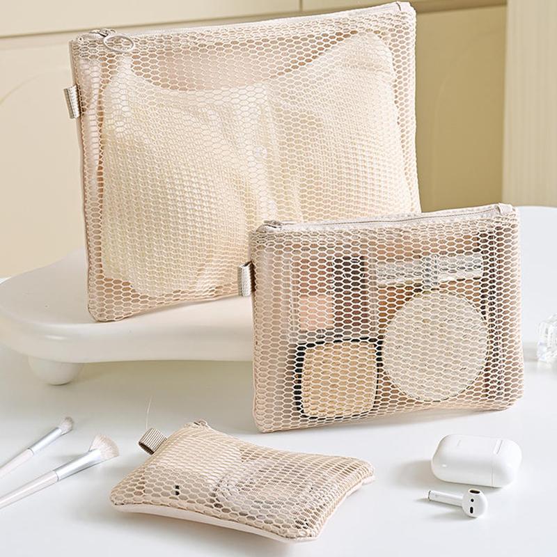 Travel Makeup Storage Bags Mesh Coin Purse Simple Portable Mini Bag Multi-Purpose Square Bag Double-Layer Zipper Card Holder