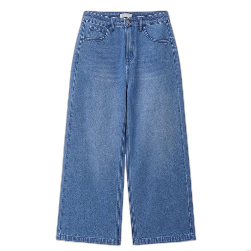 Giordano Women's Washed Mid-Waist Cropped Wide-Leg Jeans