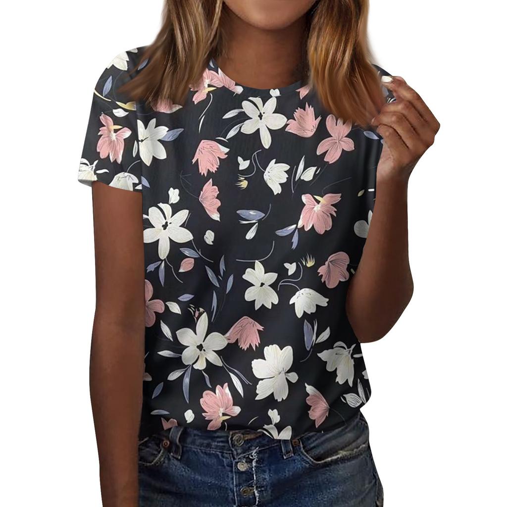 Kurzärmliges T-Shirt mit Rundhalsausschnitt für Damen, modisches T-Shirt mit Blumendruck, lässiges Oberteil, schulterlanges Kurzarmoberteil